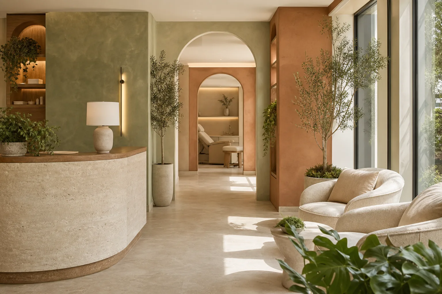 Recepção da Clínica Seiva: ambiente acolhedor em tons de verde-sálvia e terracota, com plantas e luz natural